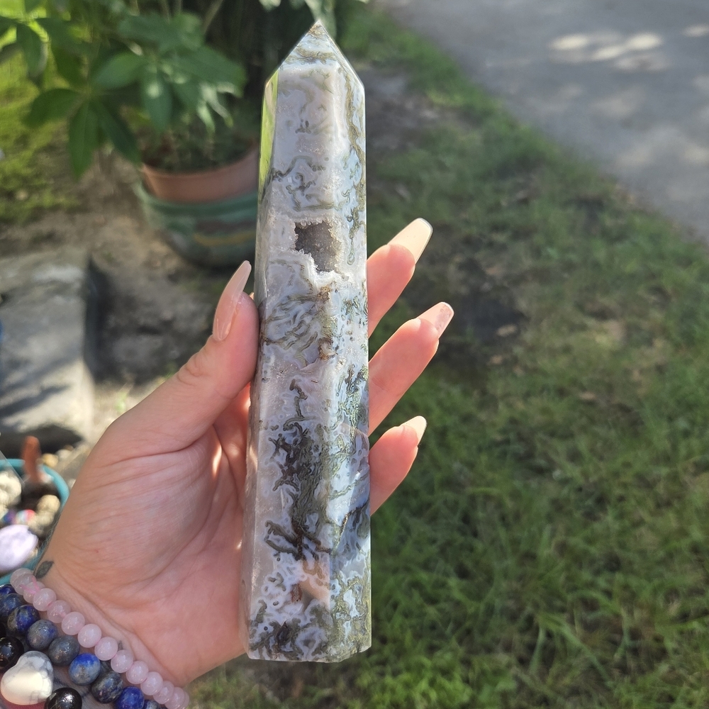 Large Blue Moss Agate Druzy Tower